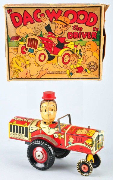 Tin Litho Marx Dagwood the Driver Wind-Up Toy.: American. Circa 1930s. Working. Original wooden hat. When in operation, Dagwood's head spins around. Nice lithography of comic strip characters around all sides of car. Marked "Copyright 1935 King Fea
