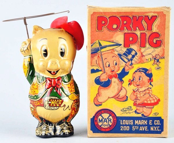 Tin Litho Marx Porky Pig Wind-Up Toy.: American. Working. Toy is called "Cow Puncher Porky". Original plastic hat. Marked "1949 Leon Schlesinger" on back of toy. Minor scratching and wear throughout. Includes original box with nice color l