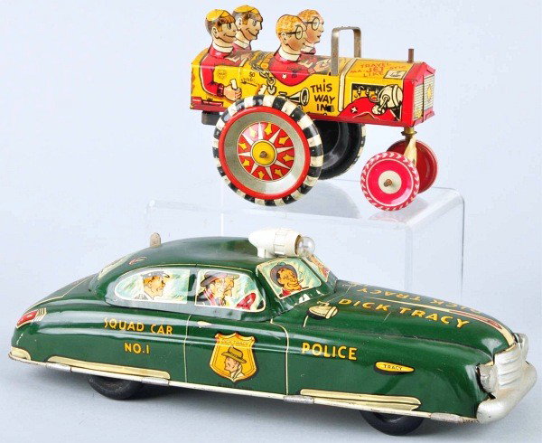 Lot of 2: Tin Litho Marx Vehicle Wind-Up Toys.: American. Working. Includes one wind-up College Kids Whoopee car and one wind-up Dick Tracy Squad car with battery-operated headlight. Dick Tracy car with dent to roof and both cars with some minor sc