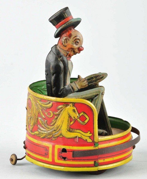 Tin Litho Jiggs Bumper Car Wind-Up Toy.: German. Working. Rare. One of a set of two which included Harold Lloyd. Some touchup paint on back of toy near base. Size: 5 - 1/2" T.