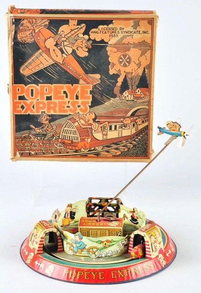 Tin Marx Popeye Express Airport Wind-Up Toy.: American. Working. Original airplane and propeller. Some minor scratching and wear. Includes original box with nice color graphics of Popeye flying in plane above Olive Oyl, and Sweet Pea with Wimpy i
