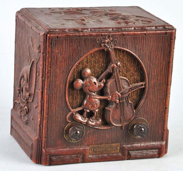 Emerson Walt Disney Mickey Mouse Radio.: Circa 1930s. Not working. Original knobs and vintage tubes remain in back of radio. Depictions of Mickey playing different instruments on all sides and plate in front marked "Emerson Mickey Mouse Walt