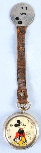 Walt Disney Ingersoll Mickey Mouse Pocket Watch.: Circa 1930s. Working. Variation with three Mickey's that move around in circle. Embossed back. Original leather strap and fob have some wear. Size: Watch: 2 - 1/2" T.