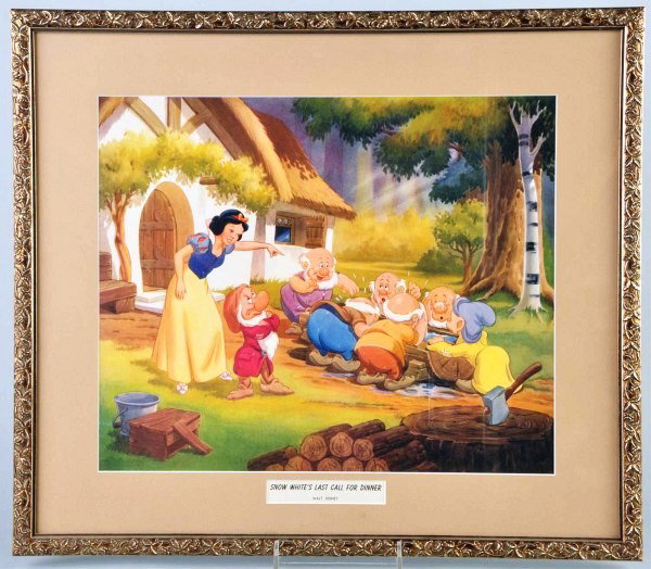 "Snow White's Last Call for Dinner" Disney Litho.: 1948. Nicely framed under glass. Marked "Walt Disney". Nice colorful lithography showing Snow White and the seven Dwarfs. Depicts the Dwarfs washing up at trough. Size: Framed: 24 - 1/4" x 21 - 1/4".