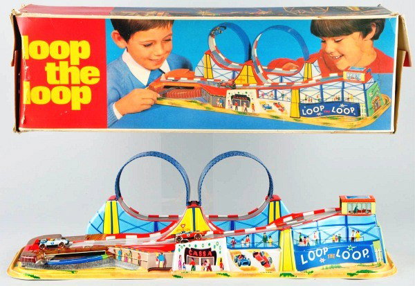 Lot of 2: Vintage Vehicle Toys.: American and German. Circa 1950s to 1960s. Includes one battery-operated plastic Texaco Tanker with inserts and one Loop the Loop Amusement Ride with two original cars. Includes both original boxes wi