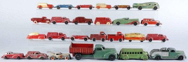 Lot of 25: Tinplate, Rubber, & Metal Vehicles.: Various companies includes Auburn, Tootsietoy, Wyandotte, Hubley, and others. Size: Largest: 9 - 1/2" L.