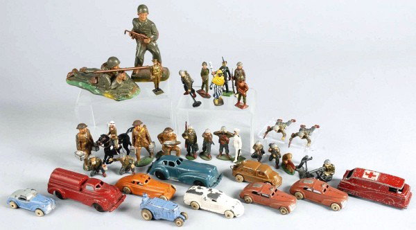 Lot of 26: Old Toy Soldiers & Vehicles.: Ten die-cast and slush-cast vehicles also included. Timpo G.I.'s including map reader, drinking coffee, mortar unit; two Miller plaster G.I.'s with reproduction weapons, Barclay taxis, Manoil postwar 