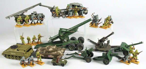Lot of 14: Military Vehicles & 24 Britains.: Includes a Dinky striker vehicle, Corgi centurion tank, Britains 155 mm cannon, Dinky rocket launcher (missing rocket), two motorcyclists, and American and German WWII soldiers and Britains Deetail. N