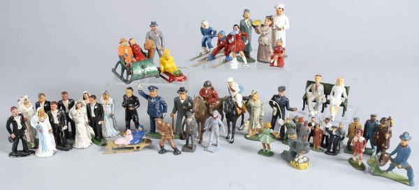 Lot of 99: Dimestore Civilian Figures.: Manufacturers are Barclay, Manoil, Grey Iron, Jones, and All Nu. Includes two All Nu jockeys, one scarce Barclay sitting girl with skates, Barclay Christmas figures, Manoil Happy Farm figures and othe