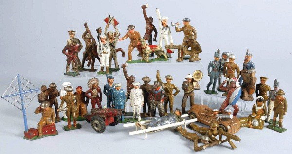 Lot of 104: American Dimestore Toy Soldiers.: Includes Barclay, Manoil and Grey Iron figures. Soldiers, sailors, nurses, doctors, flag bearers, machine-gunners, Bandsmen, cowboys, Indians, and a few vehicles. Rare Grey Iron nurse with wounded sol