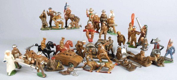 Lot of 84: American Dimestore Toy Soldiers.: Includes Barclay, Manoil and Grey Iron figures. Soldiers, sailors, nurses, doctors, flag bearers, machine-gunners, Bandsmen, cowboys, Indians, and a few vehicles included. About a third of the figures