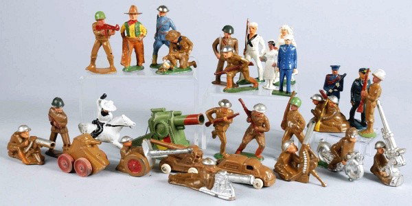 Lot of 29: Dimestore Toy Soldiers.: Includes Barclay two men on a raft, clubbing with rifle, Boy Scout frying eggs, masked cowboy, Manoil motorcyclist, podfoot nurse, and others. All original.