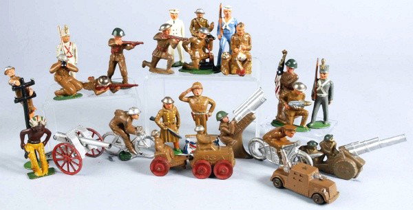 Lot of 26: Dimestore Toy Soldiers.: All original. Includes Manoil saluting General, lineman on telephone pole, bicyclist, Barclay motorcyclist, soldier peeling potatoes, a Barclay cannon, and more.