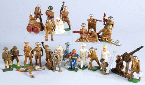Lot of 25: Dimestore Toy Soldiers.: Includes rare Grey Iron mounted legion officer in blue, Barclay Japanese soldier (end of rifle repaired), Barclay firing from behind wall, Auburn anti-aircraft gunner, Manoil mine sweeper, and others.