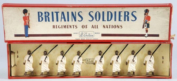 Britains No. 1425 Soldier Set in Original Box.: Includes eight tribesmen holding rifles with some light wear overall. Marked "The Abyssinian Tribesmen" on side of original box. Box comes with original insert and has tear on one end.
