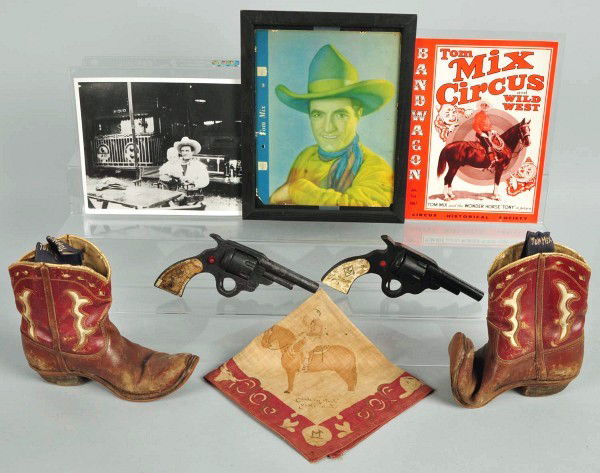 Group of Tom Mix Items.: Includes wood guns, boots, etc. Overall, most items have a lot of problems. Size: Largest: 9" T.