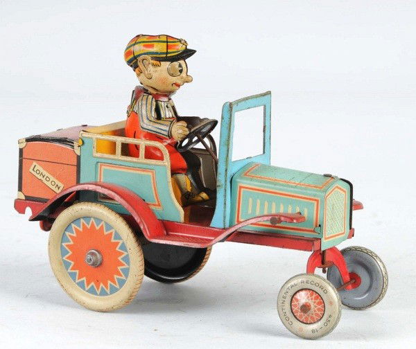 Tin Whoopee Car Wind-Up Toy.: German. Pre-war. Working. Nice lithography. Tires are marked "Continental Record". Tin litho suitcase on rear has major city names inscribed in toy. Some moderate fading throughout. Size: 7 - 1/2" L.