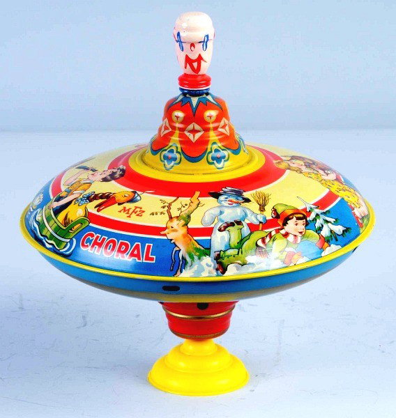 Tin Litho Top Toy.: German. Circa 1950. Nice lithography of various animals around sides of top. Size: 10" T .