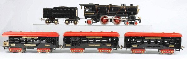 Ives Steam-Type Passenger Train Set.: American. Standard gauge. Includes 1134 steam-type engine with matching tender, 184 club car, 185 parlor car, and 186 observation car. One Ives plate is missing from side of tender, boiler front on en