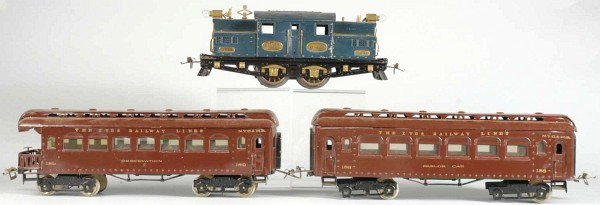 Ives No. 3242 Passenger Train Set.: American. Pre-war. Standard gauge. Includes 3242 New York Central electric-style engine, 188 parlor car, and 189 observation car. Set has been completely restored and parlor car is missing two sets of