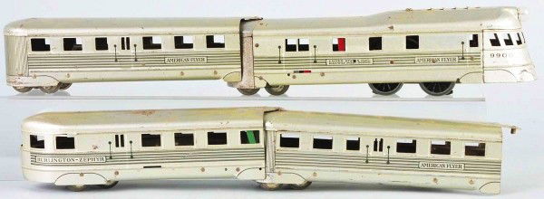 American Flyer Burlington-Zephyr Train Set.: Pre-war. O gauge. Engine marked "9900". Includes two pullman cars and one observation car. Some scratching and wear. Size: Largest: 11 - 1/2" L.