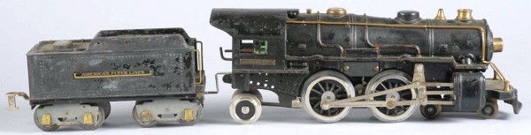 American Flyer Steam Engine & Tender.: Pre-war. Standard gauge. Includes steam-type engine and matching American Flyer Lines tender. Both have been repainted. Size: Largest: 14 - 1/2" L.