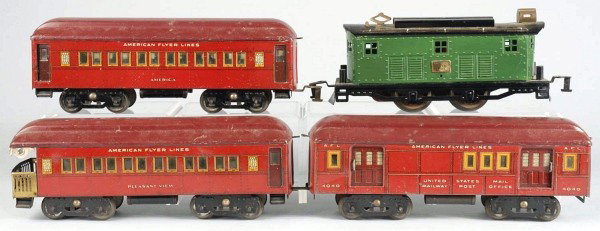Lot of 4: American Flyer Passenger Train Set.: Standard gauge. Includes restored electric-style engine, America pullman car, 4040 baggage car, and Pleasant View observation car. Cars have scratching and wear, especially to roofs. Probably not a ma