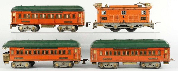 American Flyer No. 4654 Statesman Train Set.: Standard gauge. Set includes 4564 electric-type engine, two pullman cars, and one observation car. One air tank is missing from the observation car and engine has scratching and wear throughout sides 