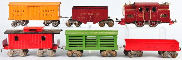 Lionel No. 33 Freight Train Set.: American. Standard gauge. Includes 33 electric-style engine, Lakeshore gondola car, St. Paul boxcar, cattle car, 116 New York & Hudson River short gondola, and 4351 New York City & Hudson River caboos