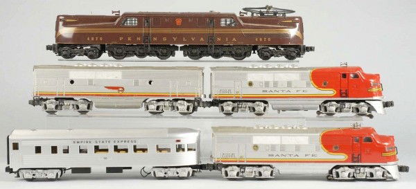 Vintage Lionel Post-War & Contemporary Train Lot.: American. Includes contemporary 4876 GG1 engine, vintage 2343 Santa Fe A-B-A units, and 50 Empire State Express observation car by MTH. Some paint chipping and wear throughout. Size: Largest: 19" L.