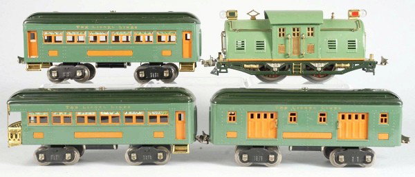 Lionel No. 10 Passenger Train Set.: American. Pre-war. Standard gauge. Includes 10E electric-style engine, 339 pullman car, 332 baggage car, and 341 observation car. Set has been completely and professionally restored. Size: Largest: 13