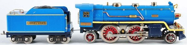 Lionel No. 390 Steam Engine & Tender.: American. Standard gauge. Includes 390E pre-war steam-type engine and Lionel Lines matching tender. Engine and tender have been restored in blue comet color with yellow striping.