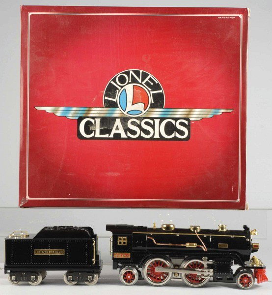 Contemporary Lionel No. 390 Passenger Train Set.: American. Circa 1980s. Made by Lionel Classics. Includes 390 engine with tender, 323 baggage car, 324 pullman car, and 325 observation car. Unused condition Includes original box with some creasing an