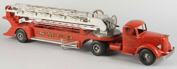 Pressed Steel Smith-Miller Aerial Ladder Truck.: American. Original front headlights and bulldog hood ornament. Window struts are good. Decals on fire truck include Smith-Miller, "No. 3", and "SMFD". Some minor overall paint chipping and wear to cab