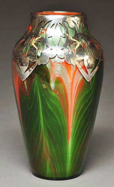Silver Overlay on Art Glass Vase.: Austrian. Beautiful green and orange striations of glass with intricate silvering. Size: 7 - 1/2" T.