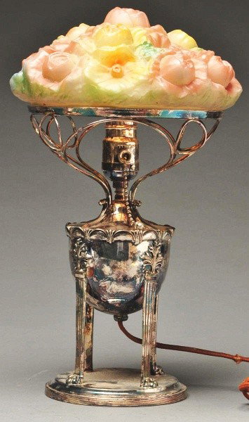 Pairpoint Silver Plate Lamp.: With a puffy floral shade that is unsigned. Lamp base is signed and marked "3001 1/2". Paint is intact without crazing and shade has no damage. Size: 14 - 3/4" T.