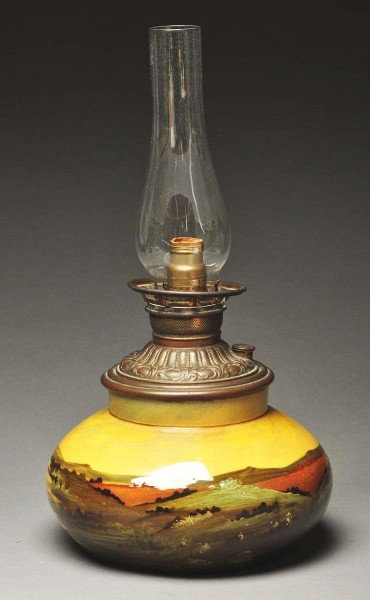 Wardle Pottery of England Factory Lamp.: Signed E. Bagley. Hand decorated, beautiful landscape design with a house and small boat. Includes original hardware. Has a short, thin factory line from hole under base. Size: 19 - 1/2" T.