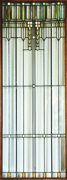 Frank Lloyd Wright Glass Door.: Leaded iridescent and mother-of-pearl-type glass. Housed in a contemporary oak frame. Beautiful example attributed to Frank Lloyd Wright. Provenance: Taken out of a house in upstate New York. Size: 80