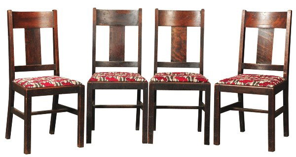 Set of 4 Mission Oak Dining Side Chairs.: Original finish. Size: 36 - 1/2" T. CORRECTION – Attributed to Gustav Stickley.