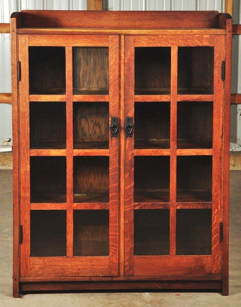 Gustav Stickley Double Door Bookcase.: Older refinish. Signed inside on left in red and "Gustav" where paper label was in back. Size: 55 - 1/2" T.