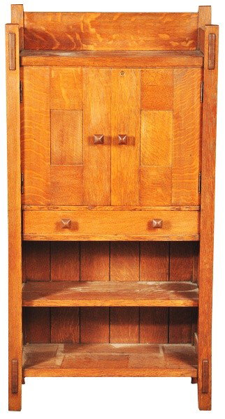 Gustav Stickley Cabinet.: Early form. Red decal on back. Chamfered sides and back. Refinished. Some damage to wood below doors. Size: 51" x 26".