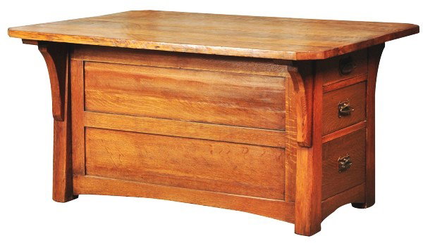 Limbert's Partners Desk.: Very unusual form with drawers on each end. Original hardware and paper label. Piece has been refinished, has scuffing to feet, roughness to top, and damage to edges. Size: 56" L.