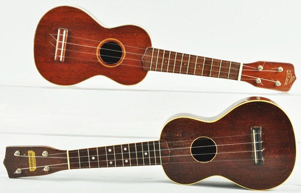 Lot of 3: Ukuleles.: One marked "Martin & Co." with original case, one marked "The Gibson" with original case, and one marked "Supertone" without a case. Size: Each: 21" T.