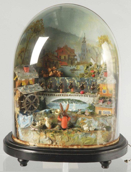 Orchestra Music Box Under Glass Dome.: Bunny rabbit is the conductor while lady bugs play the instruments. Each piece moves when in operation but box is currently not working. Size: 15" T.