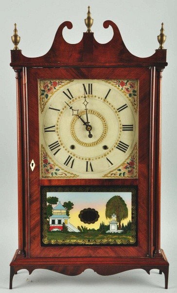 Eli Terry & Sons Time & Strike Shelf Clock.: Original paper label, weights, pendulum, and key. Handpainted face has some minor crazing and reverse painted bottom glass paint is a replacement. Size: 29 - 1/2" x 16 - 1/2".