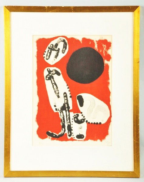 Abstract Hand-Signed Print by Joan Miro.: Joan Miro (Spanish, 1893-1983), SLR in pencil ''Miro''. Framed color aquatint. Not examined out of frame. Numbered 31/100. Size: Framed: 23 - 1/2" x 18 - 1/2".