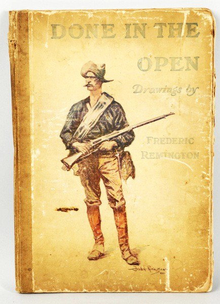 Frederic Remington Book of Drawings.: Dated 1902 and titled "Done in the Open". Shows many of Remington's famous paintings and prints. Binding is loose but the pages are intact. Size: 16 - 1/2" x 11 - 3/4".