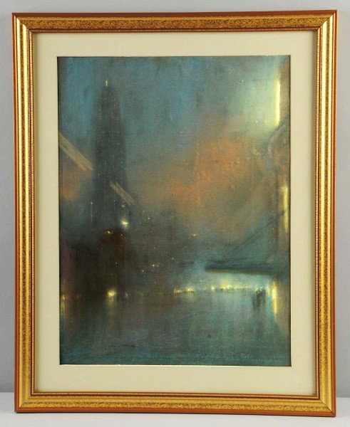 Pastel by Johann Berthelsen.: "A Misty Night in Manhattan". Johann Berthelsen (Danish/American, 1883 to 1969). Signed "Johann Berthelsen" at lower left. A beautiful pastel image of the Ziegfield Theater in the foreground with fog 