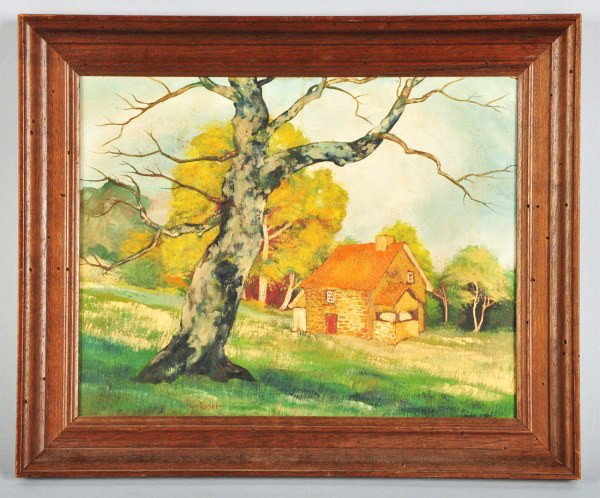 Landscape with Farmhouse by Gerald Yoder.: Oil on canvas. Oley Valley, PA. Probably 1950s. Signed G. Yoder. Frame stamped on verso John Lucas Co., Inc. 519 Penn Street, Reading, PA. Size: Framed: 14 - 1/4" x 17 - 1/4".
