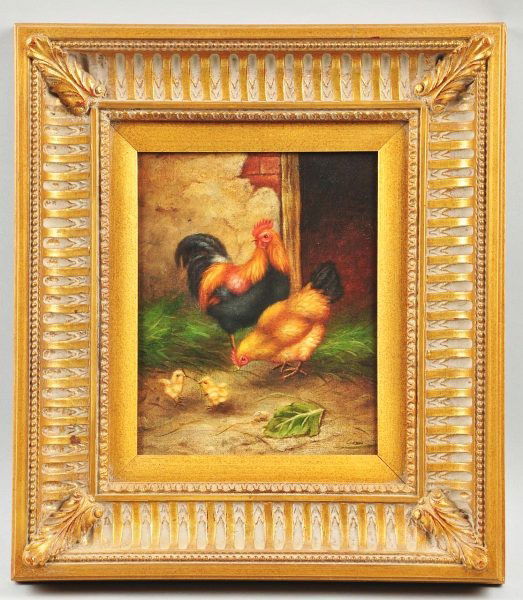 Oil on Canvas of Barnyard Scene by Ben Austrian.: SLR Carson (indistinct signature). Oil on canvas in the manner of Ben Austrian. Barnyard scene features rooster, hen and two baby chicks. Size: Framed: 17 - 3/8" x 15 - 3/8".